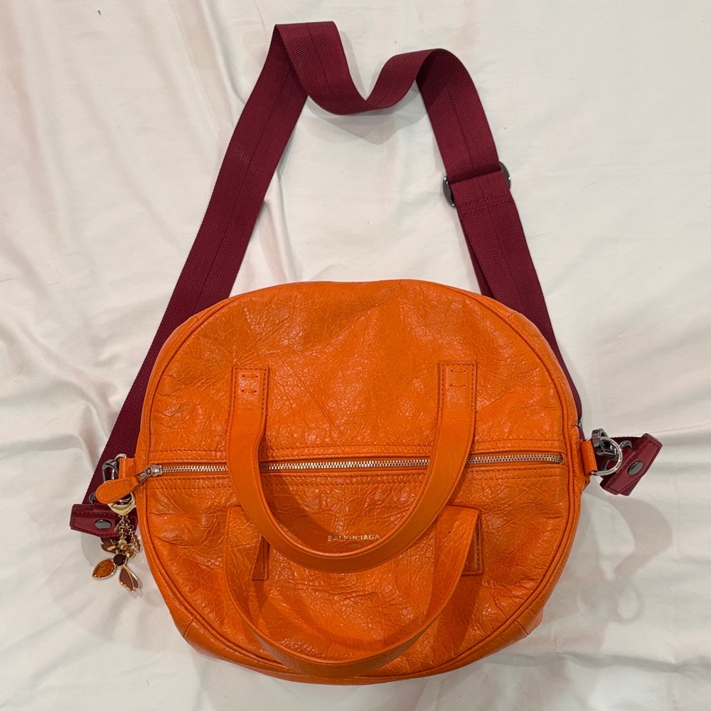 Balenciaga Orange Crossbody Bag with Burgundy Strap